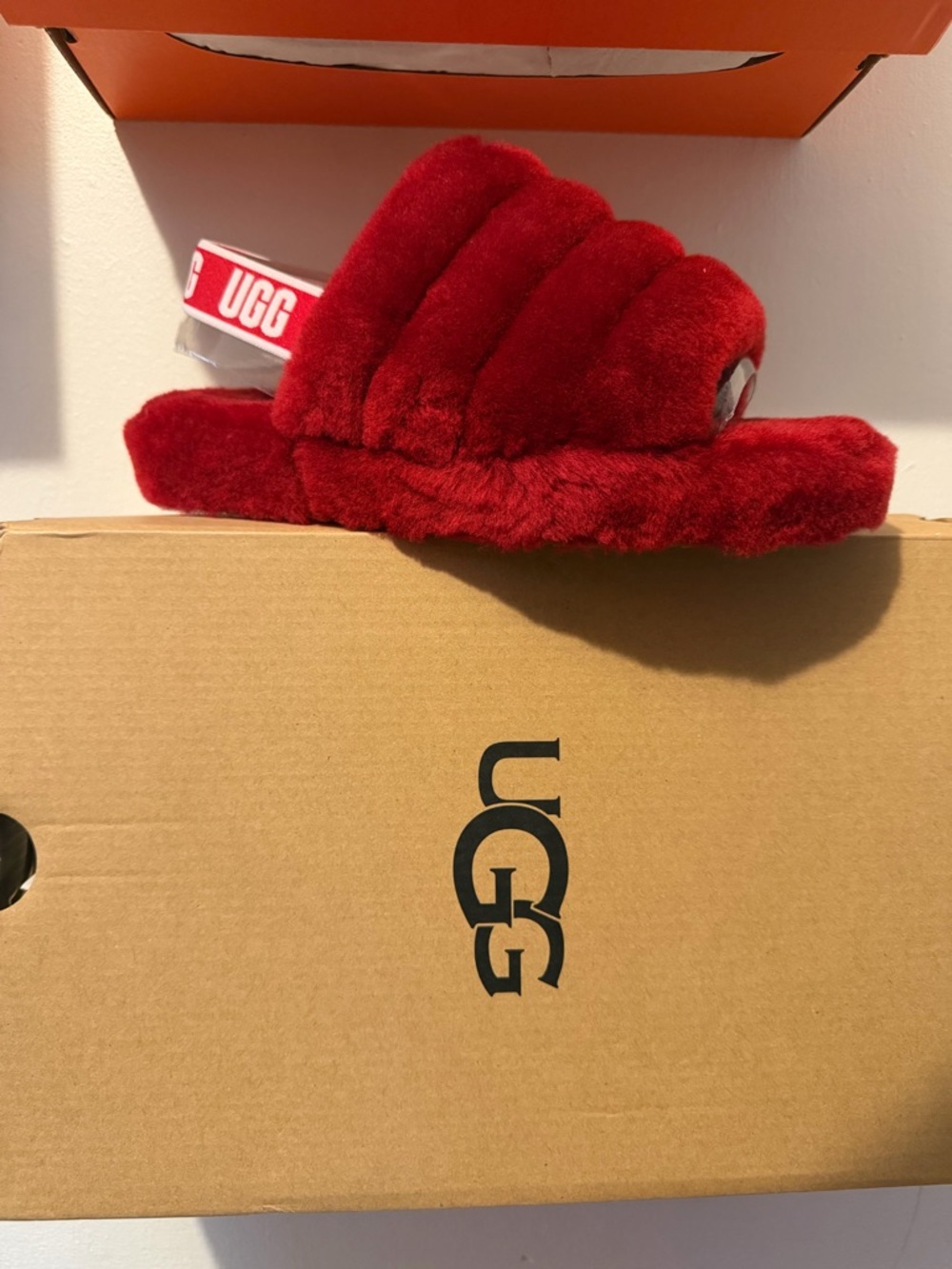 UGG Red Plush Logo Backstrap Slide